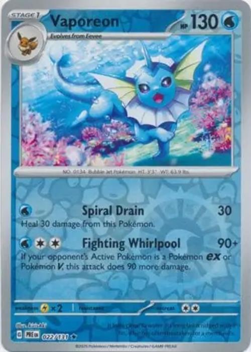 Vaporeon - 022/131 - Prismatic Evolutions - Rare Reverse Holo - NM/M