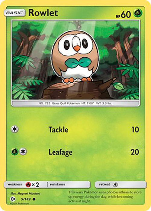 Rowlet - 9/149 - Reverse Holo Common - Sun & Moon Base - Pokemon - LP+