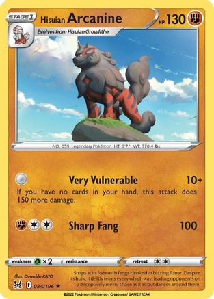 Hisuian Arcanine - 084/196 - Reverse Holo Rare - Lost Origin - Pokemon - NM/M
