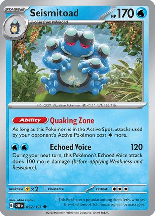 Seismitoad - 052/197 - Reverse Holo Uncommon - Obsidian Flames - Pokemon - NM/M